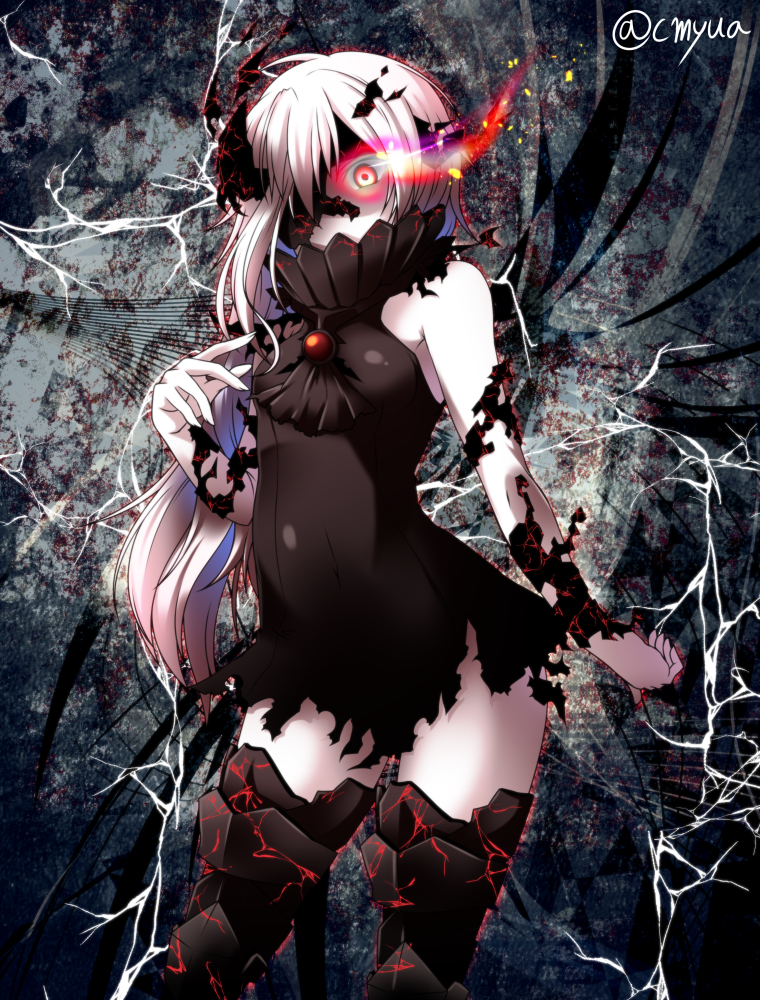 1girl, ascot, bare_shoulders, black_dress, boots, covered_mouth, covered_navel, cowboy_shot