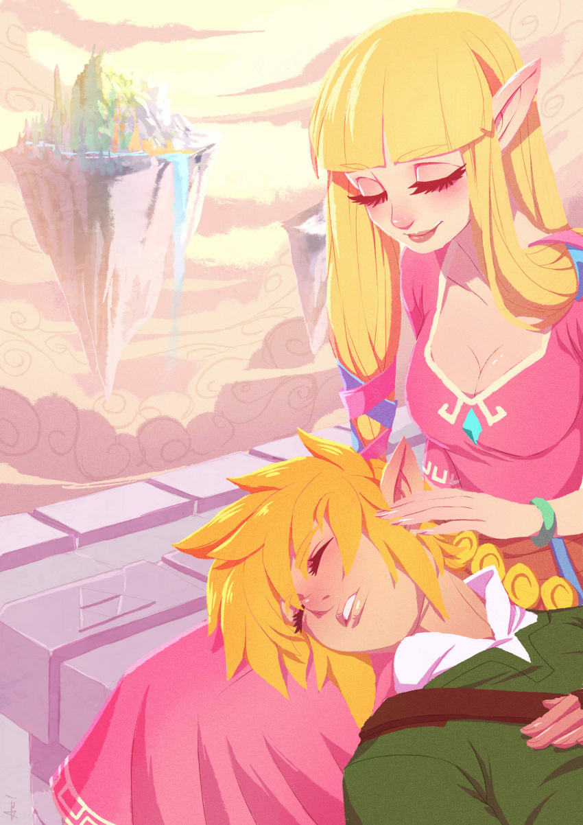 1boy, 1girl, absurdres, alan_campos, bangs, blonde_hair, blunt_bangs, bracelet