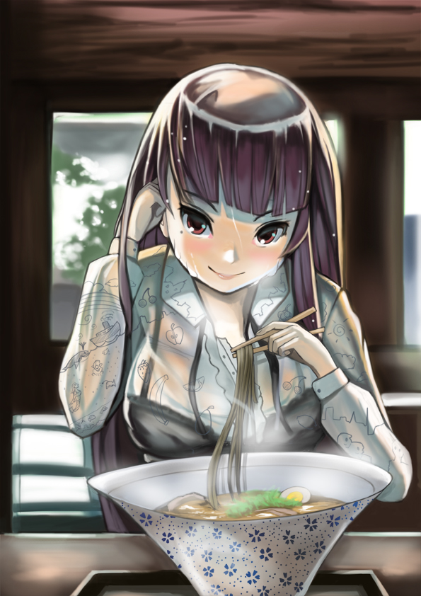 1girl, bangs, black_dress, black_hair, blunt_bangs, borrowed_character, bowl, breasts