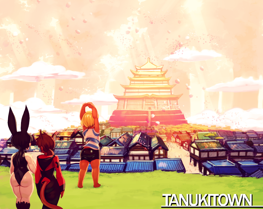 1boy, 2girls, ami_dixie, aniece_(nitrotitan), animal_ears, ass, bike_shorts, black_hair, cityscape, dark_skin, demon_girl, demon_tail, from_behind, hood_down, leotard, multiple_girls, nitrotitan, original, otoko_no_ko, rabbit_ears, seymore_(nitrotitan), tail, thong_leotard