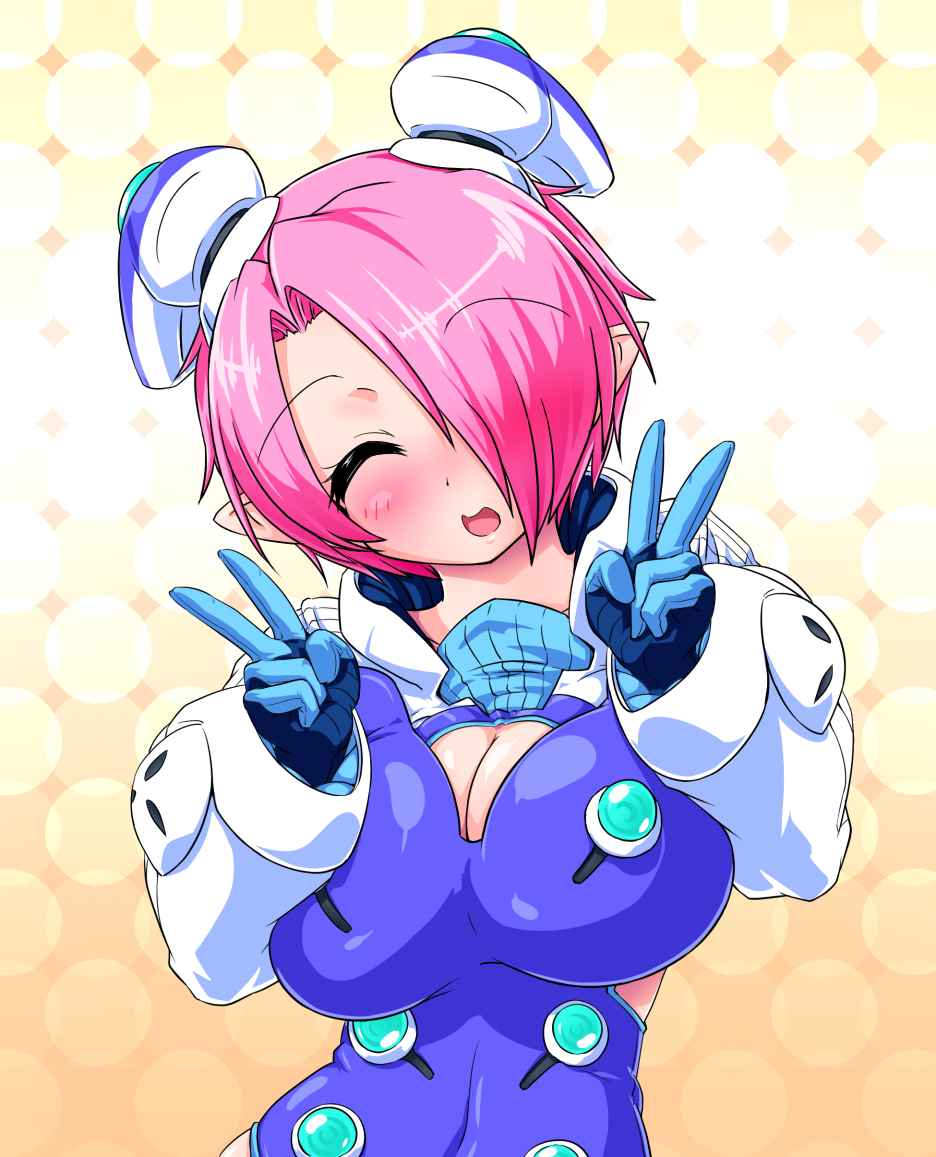 1girl, blush, breasts, cleavage, cleavage_cutout, closed_eyes, double_v, hair_ornament, large_breasts, looking_at_viewer, open_mouth, original, pink_hair, pointy_ears, short_hair, smile, solo, v, wizard-of-obi