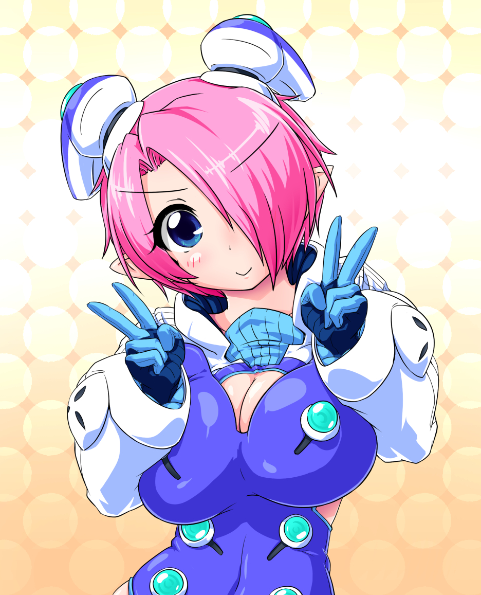 1girl, blue_eyes, blush, breasts, cleavage, cleavage_cutout, double_v, hair_ornament, large_breasts, looking_at_viewer, original, pink_hair, pointy_ears, short_hair, smile, solo, v, wizard-of-obi