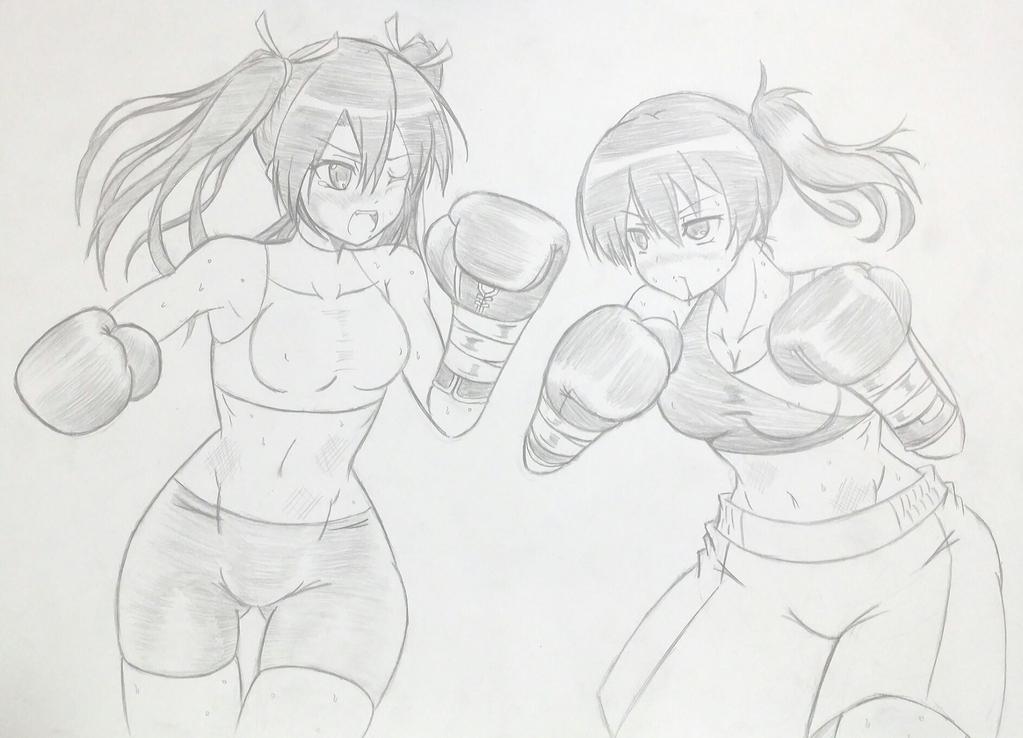 2girls, bike_shorts, blood, boxing, boxing_gloves, kaga_(kantai_collection), kantai_collection, long_hair