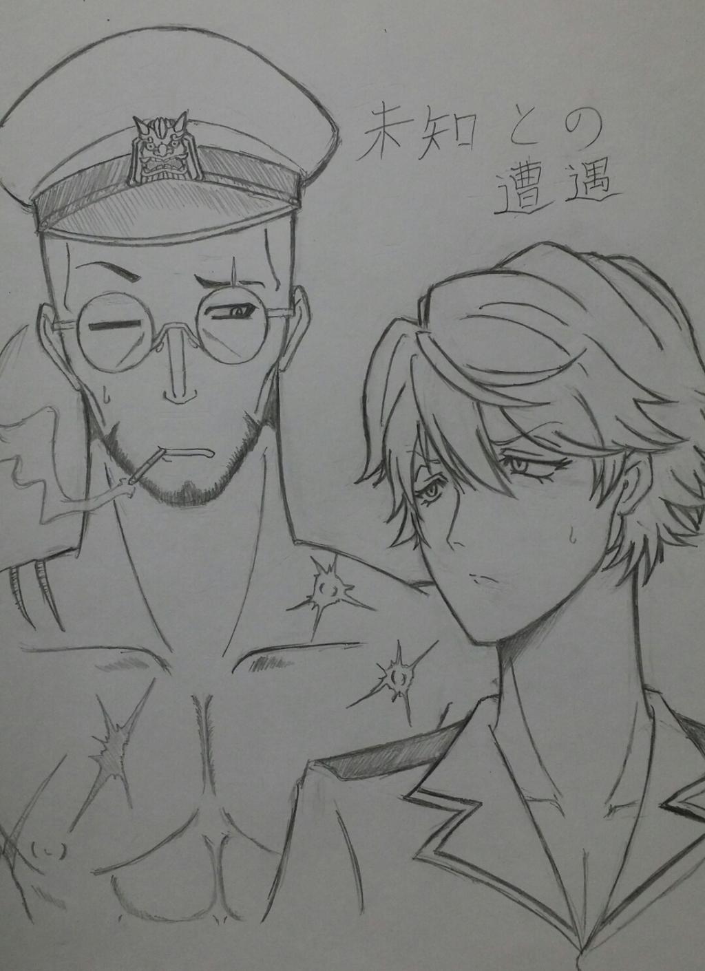 2boys, abs, admiral_(kantai_collection), cigarette, glasses, hat, highres, kantai_collection