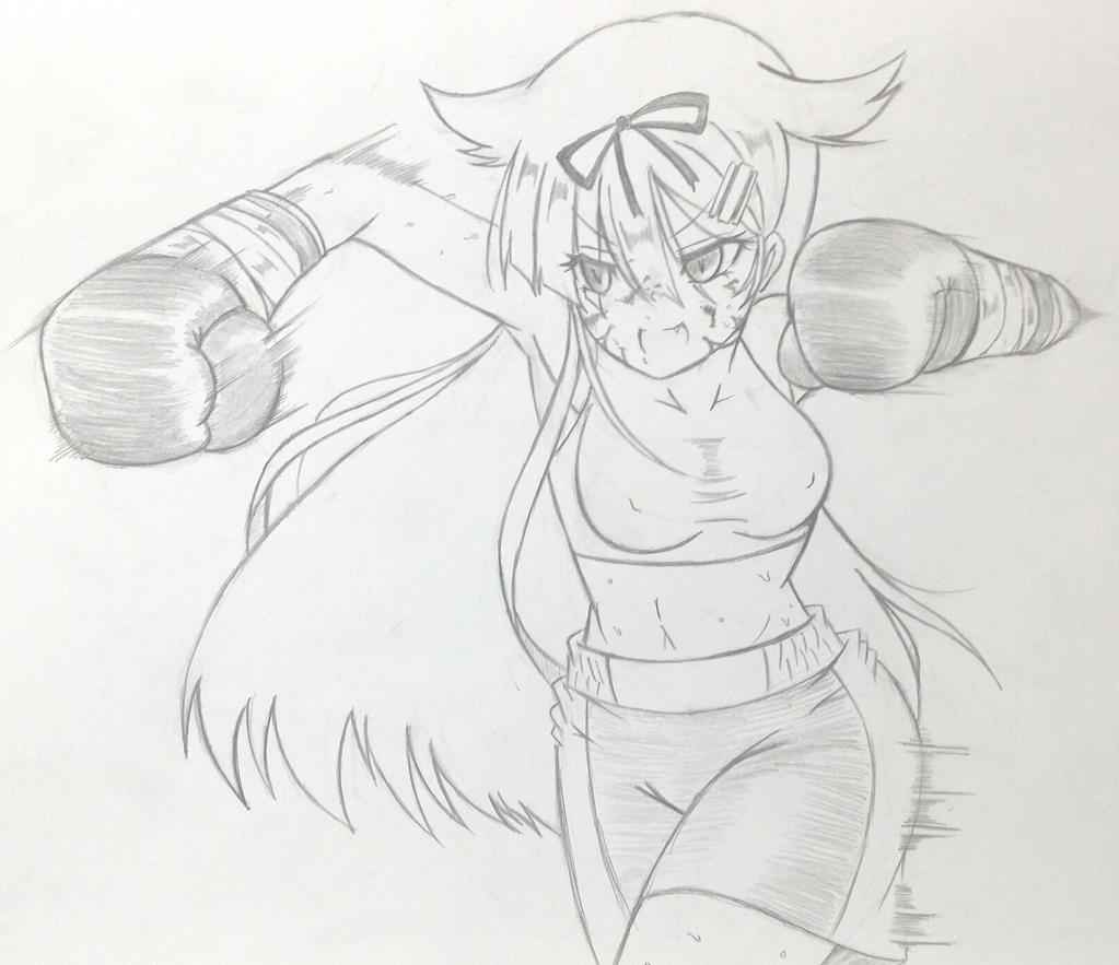 1girl, blood, blood_on_face, boxing, boxing_gloves, hair_flaps, hair_ribbon, kantai_collection, long_hair, punching, remodel_(kantai_collection), ribbon, sportswear, sweat, tyatyasaburou, yuudachi_(kantai_collection)
