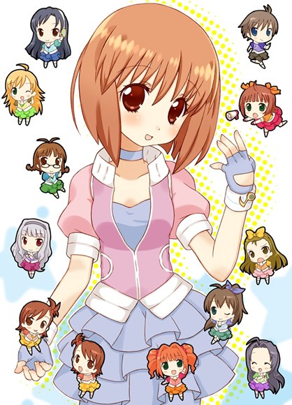 amami_haruka, chibi, everyone, fingerless_gloves, futami_ami, futami_mami, ganaha_hibiki, gloves, hagiwara_yukiho, hoshii_miki, idolmaster, kikuchi_makoto, kisaragi_chihaya, kura_udon, minase_iori, miura_azusa, pop_sound_blossom, shijou_takane, takatsuki_yayoi