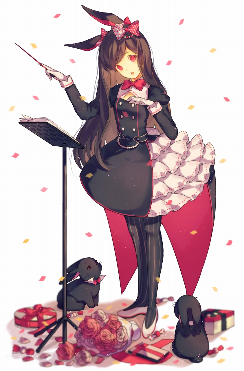 1girl, animal_ears, baton_(instrument), bouquet, bow, bowtie, box, brown_hair