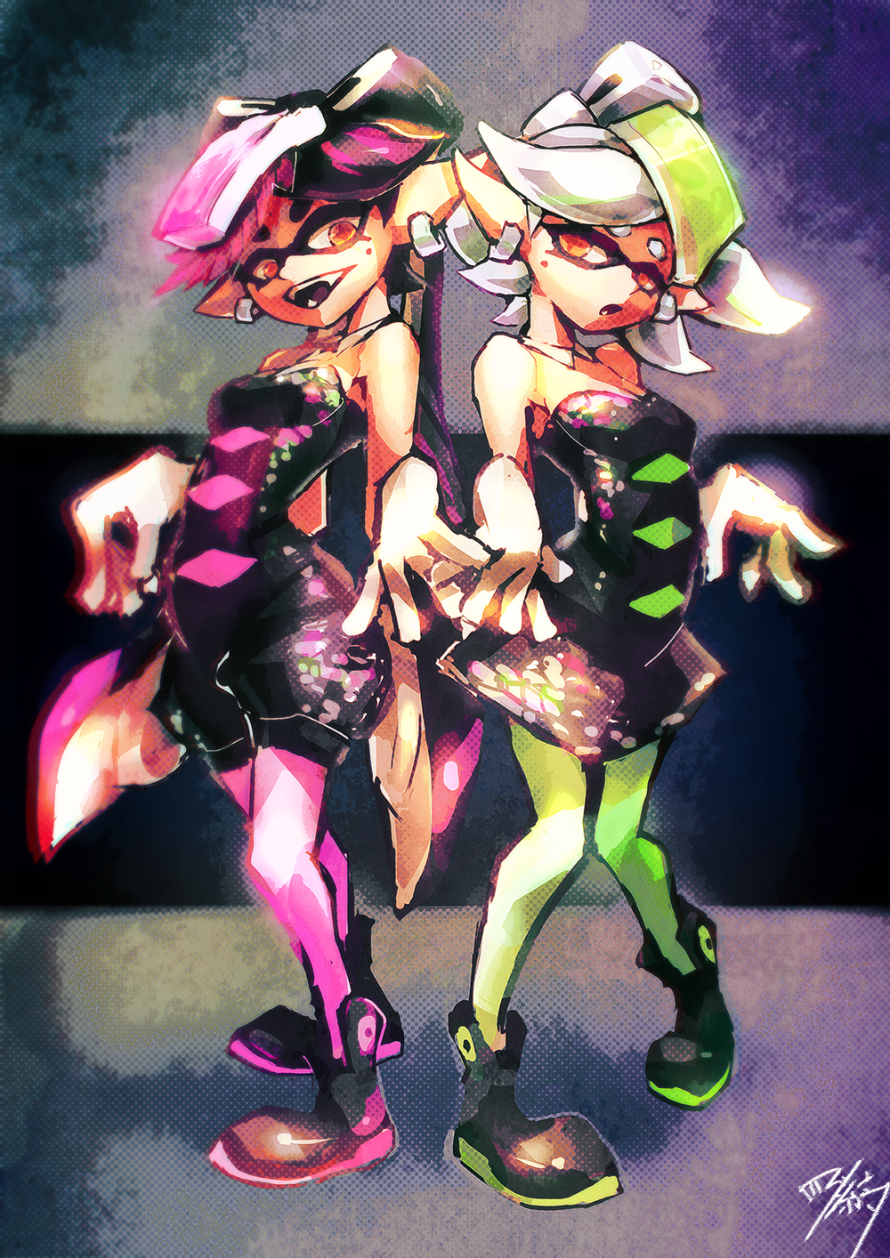 2girls, :d, black_hair, breasts, callie_(splatoon), cleavage, cousins, deadman3104, detached_collar, dress, earrings, fangs, food, food_on_head, gloves, green_legwear, highres, jewelry, long_hair, marie_(splatoon), mask, mole, mole_under_eye, multiple_girls, object_on_head, open_mouth, orange_eyes, pantyhose, purple_legwear, short_hair, siblings, sisters, smile, splatoon, standing, strapless_dress, sushi, tentacle_hair, unitard, white_gloves, white_hair