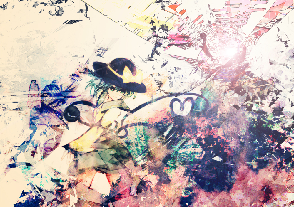 1girl, abstract, abstract_background, amenosoto, bow, eyeball, green_eyes, green_hair