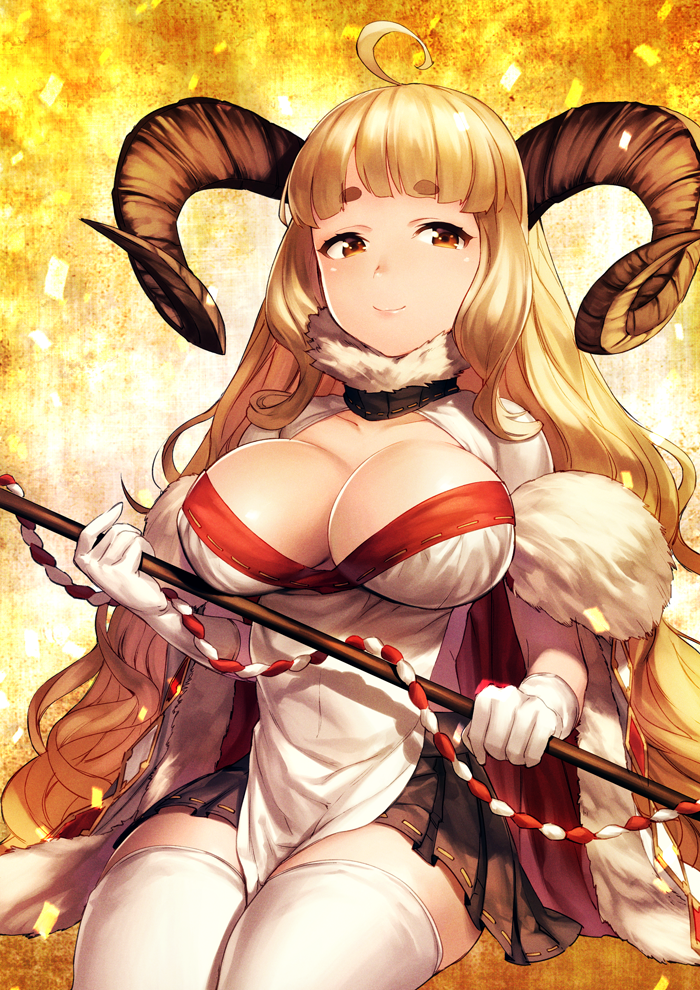 1girl, anira_(granblue_fantasy), blonde_hair, breasts, brown_eyes, cleavage, covered_navel, eyebrows