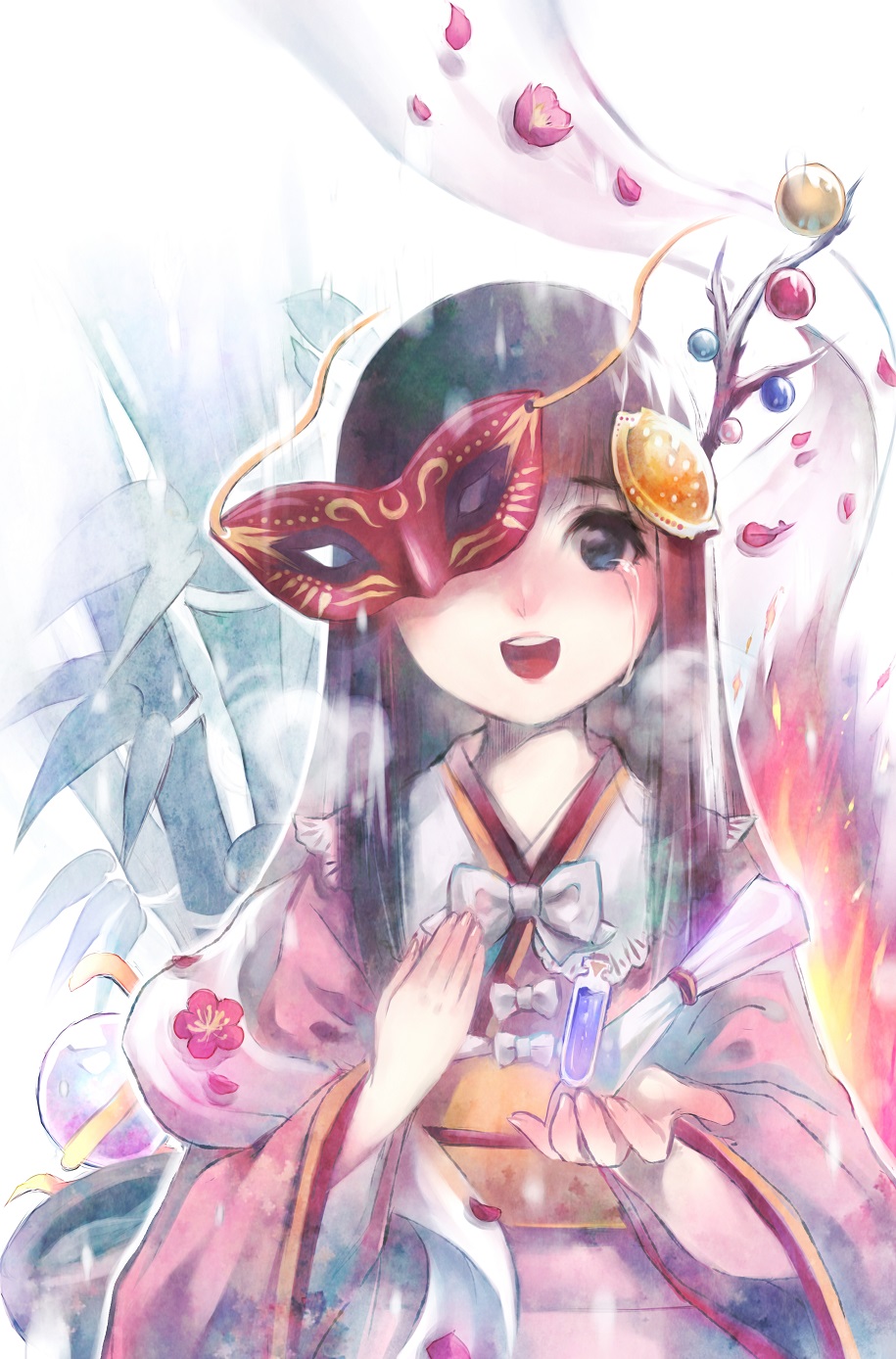 1girl, bamboo, black_hair, blue_eyes, branch, breath, cherry_blossoms, crying