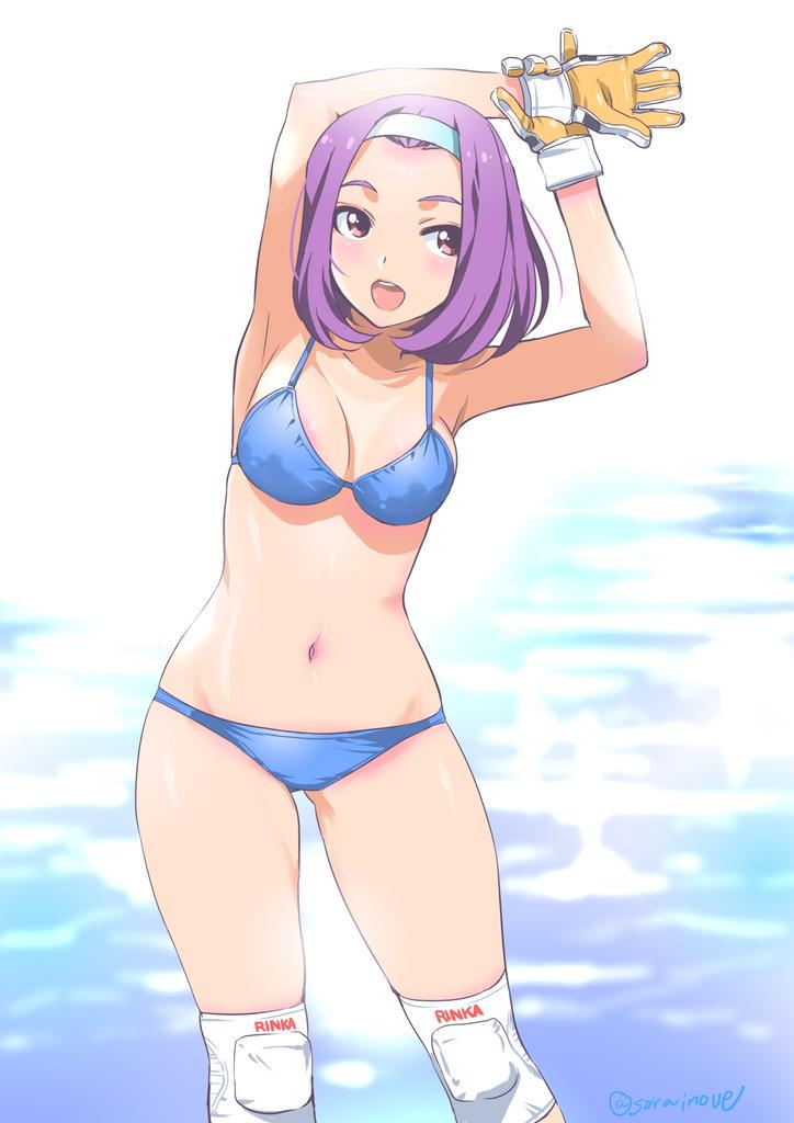 1girl, aomi_rinka, bikini, blue_bikini, blush, gloves, headband, inoue_sora
