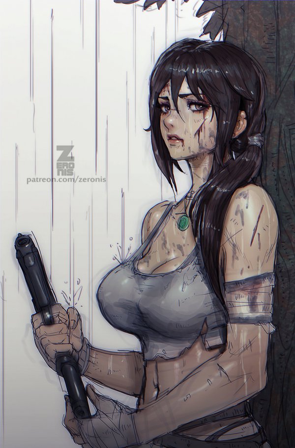 1girl, black_hair, breasts, cleavage, crop_top, cuts, gun, hair_over_shoulder