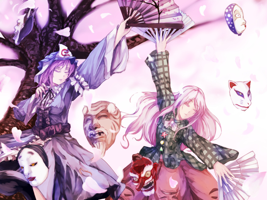 amatou3, cherry_blossoms, closed_eyes, dancing, fan, fan_dancing, folding_fan, hata_no_kokoro, mask, pink_hair, saigyouji_yuyuko, skirt, touhou