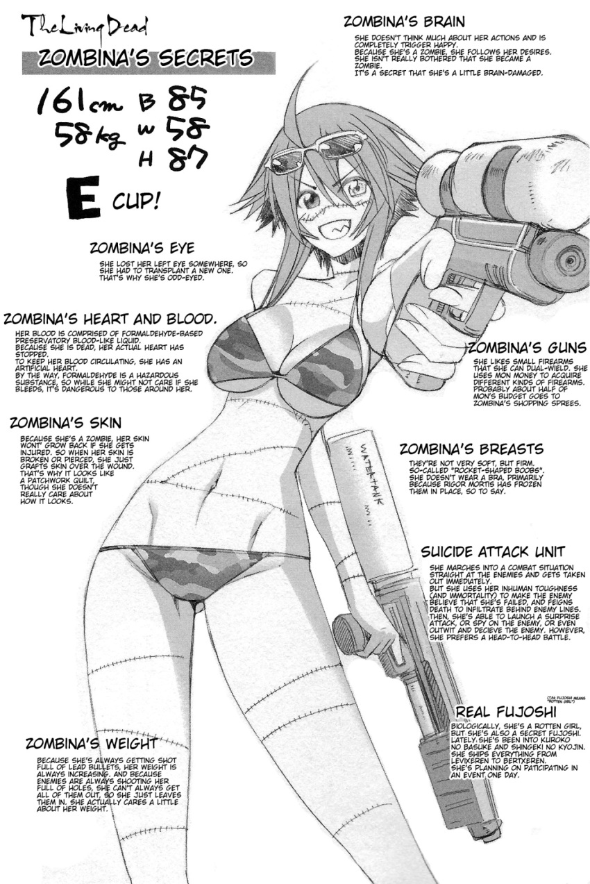 1girl, ahoge, bikini, breasts, camouflage, camouflage_bikini, character_name, character_profile