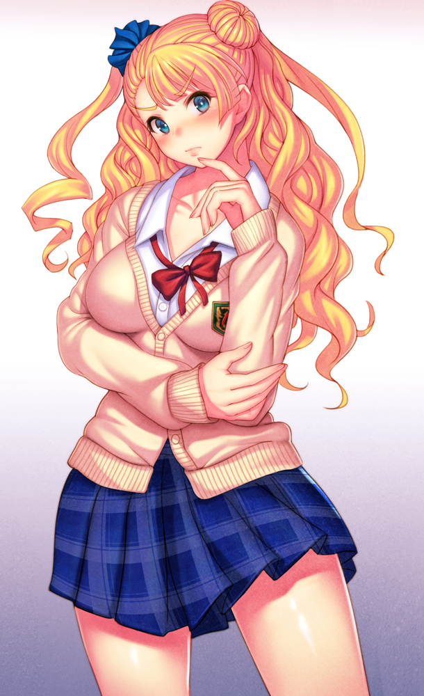 1girl, asymmetrical_hair, blonde_hair, blue_eyes, blush, breasts, cardigan, cowboy_shot