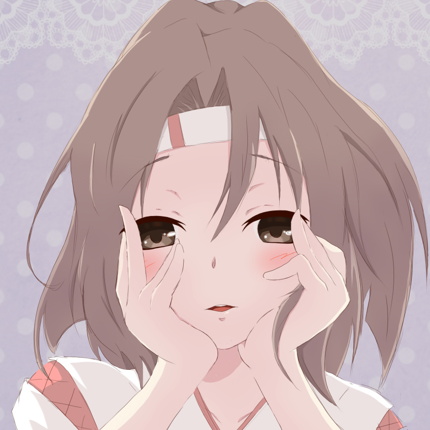 1girl, absurdres, blush, brown_eyes, brown_hair, female, hand_on_own_face, headband