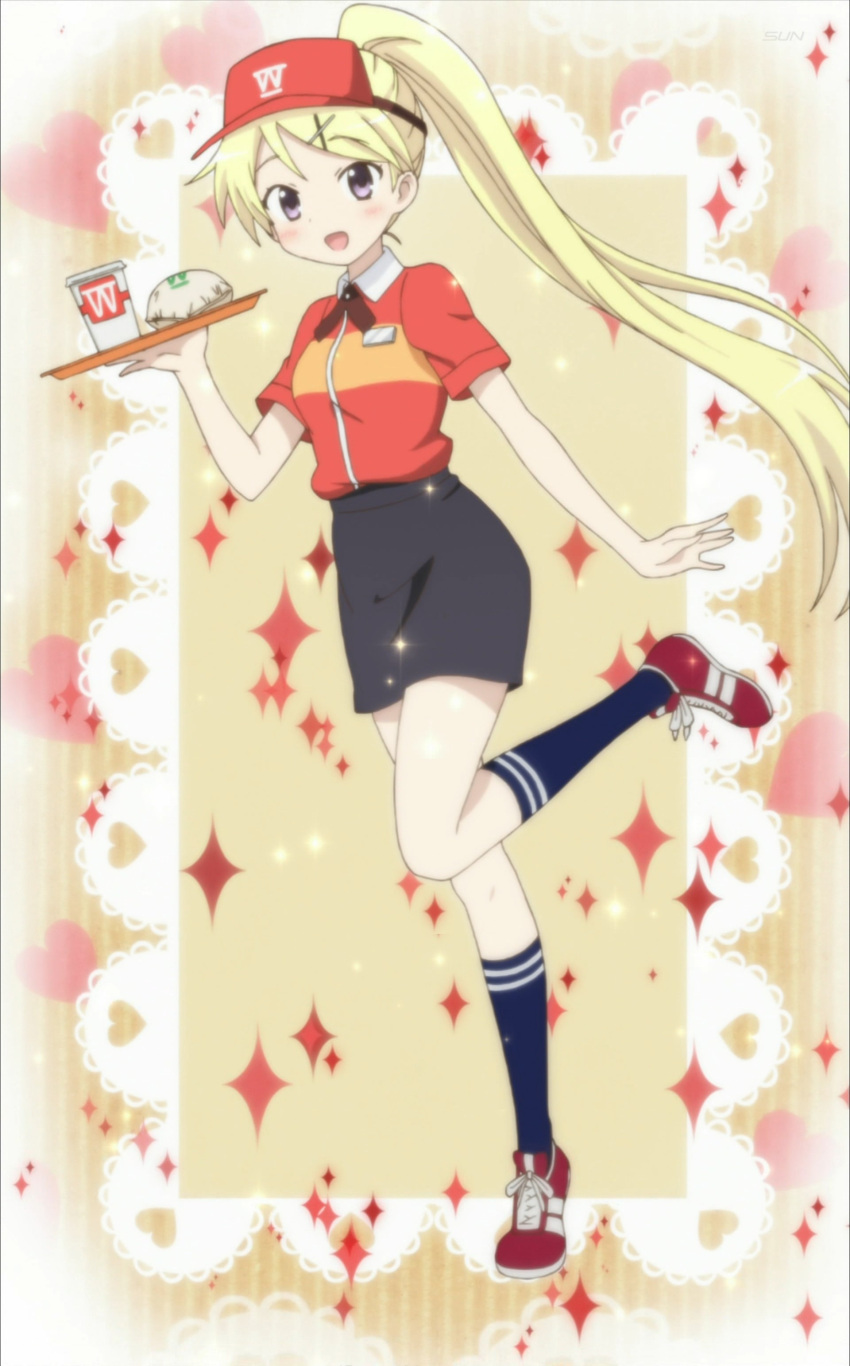 1girl, absurdres, blonde_hair, employee_uniform, fast_food_uniform, highres, kin'iro_mosaic, kujou_karen