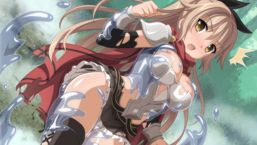 /\/\/\, 1girl, black_legwear, blush, breastplate, breasts, brown_eyes, brown_hair, cleavage, detached_sleeves, dissolving_clothes, dutch_angle, fang, game_cg, long_hair, miniskirt, nose_blush, open_mouth, outdoors, pauldrons, pleated_skirt, ponytail, red_scarf, sakura_fantasy, scarf, skirt, slime, solo, tears, thigh-highs, vambraces, wanaca