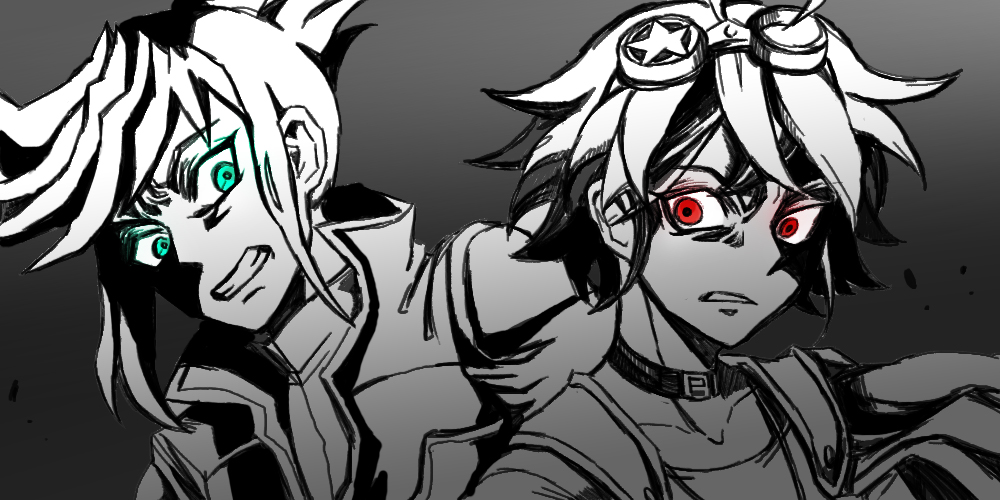 2boys, blue_eyes, choker, chorogy, clenched_teeth, goggles, goggles_on_head, jacket_on_shoulders