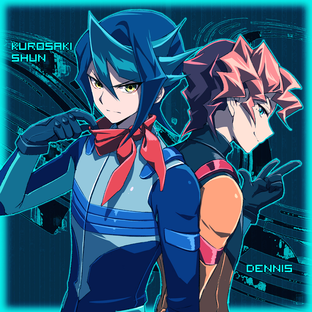 2boys, blue_eyes, blue_hair, dennis_macfield, gloves, jumpsuit, kurosaki_shun, liusang