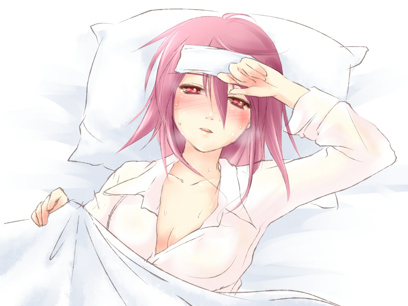 blush, breasts, cleavage, lying, open_clothes, open_shirt, pajamas, piku