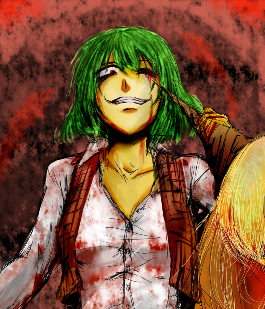2girls, athisu, blonde_hair, blood, blood_on_face, bloodshot_eyes, bloody_clothes, evil_grin