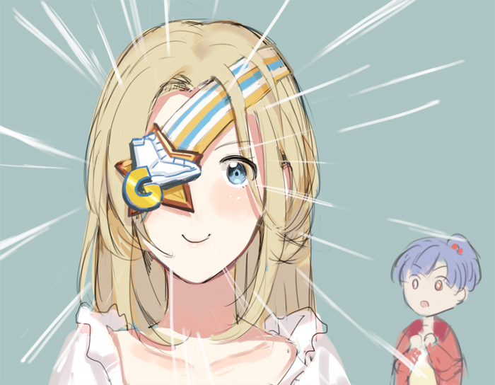 blonde_hair, blue_eyes, blue_hair, blurry, depth_of_field, ekao, eyepatch, hoshigaki_manon