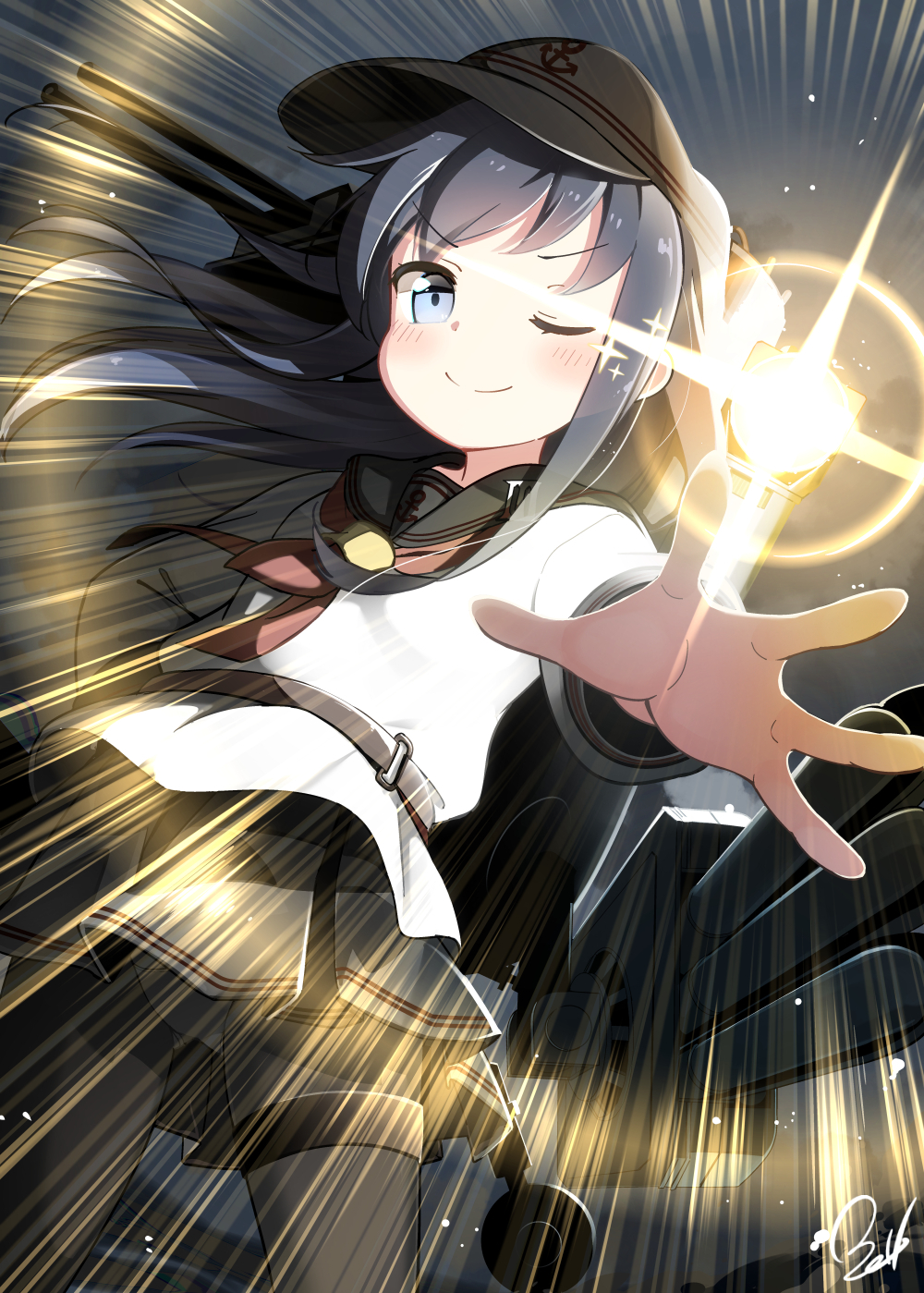 1girl, akatsuki_(kantai_collection), bell_(oppore_coppore), black_hair, black_legwear, cannon, grey_eyes, hat