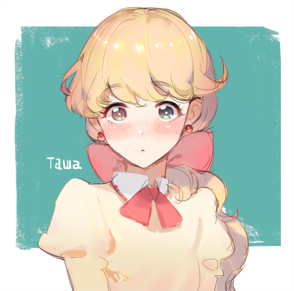 1girl, blonde_hair, blue_eyes, blush, bow, ekao, freckles, hair_bow