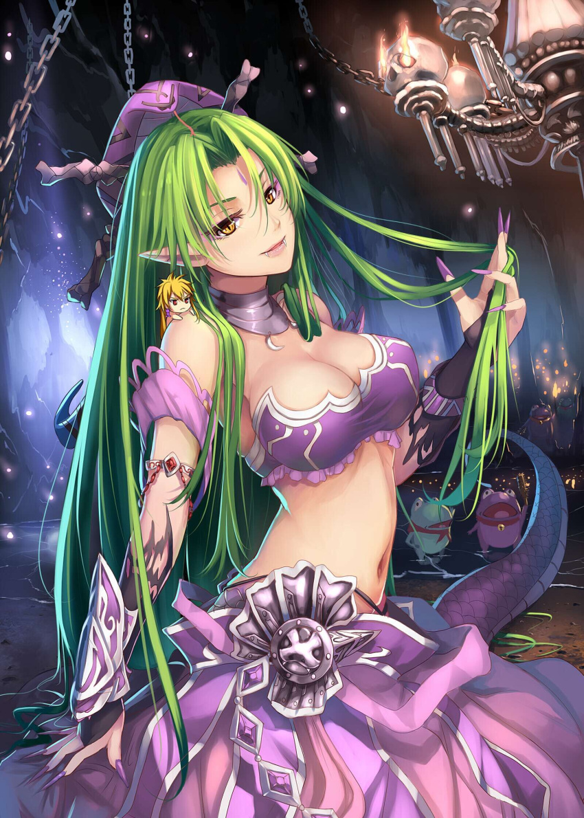 1girl, arm_strap, armor, bare_shoulders, bikini_armor, bikini_skirt, breasts, chain