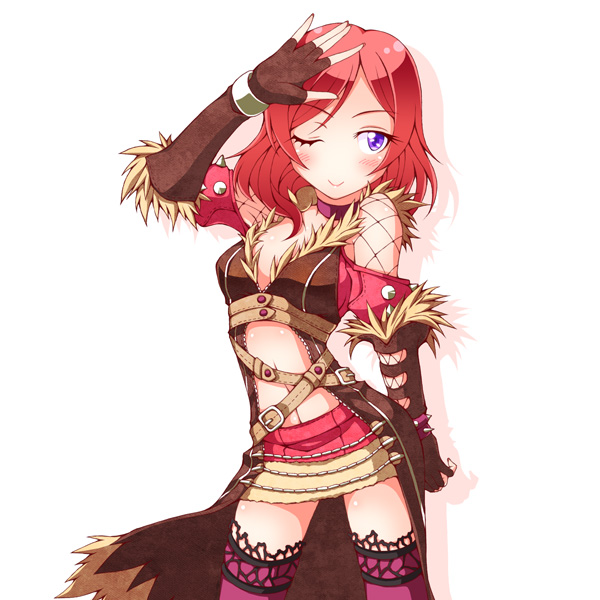 1girl, belt, fishnets, frills, gloves, love_live!_school_idol_project, nishikino_maki, one_eye_closed