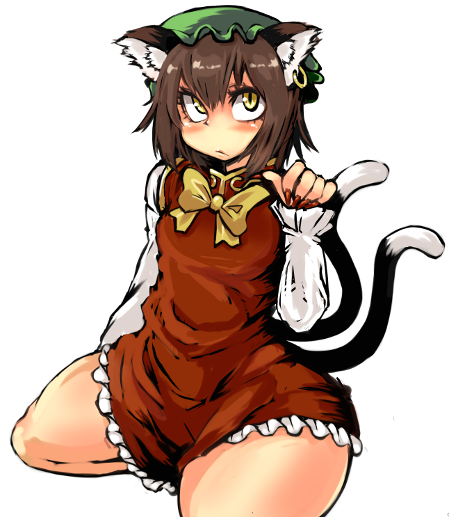 1girl, animal_ears, blush, breasts, brown_hair, cat_ears, cat_tail, chen