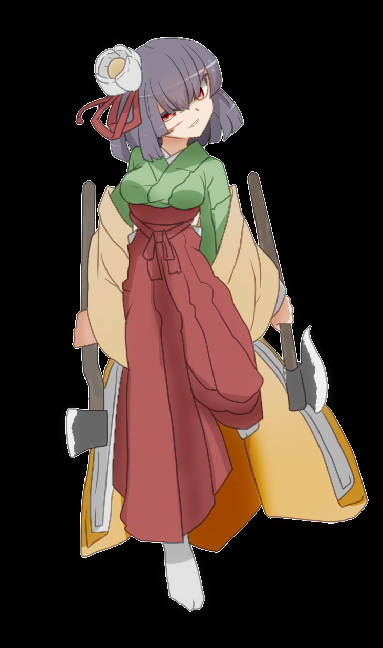1girl, axe, blood, blood_on_face, breasts, dual_wielding, evil_grin, evil_smile