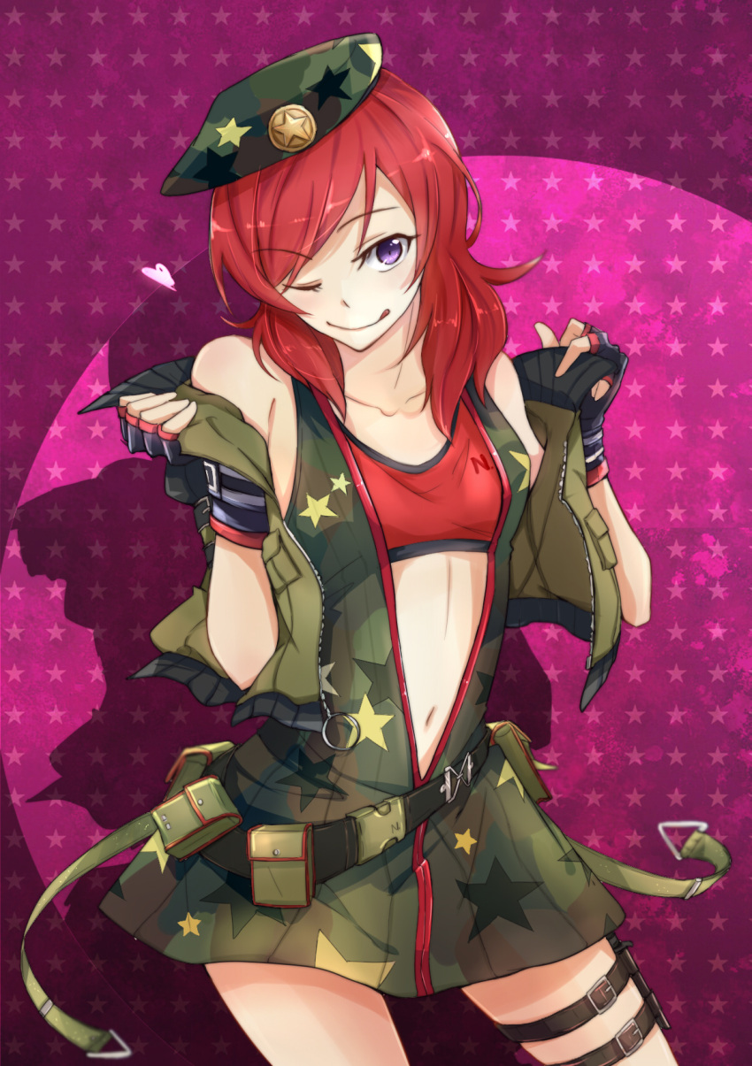 1girl, ;q, belt, beret, camouflage, eris.y_(7hai), fingerless_gloves, gloves