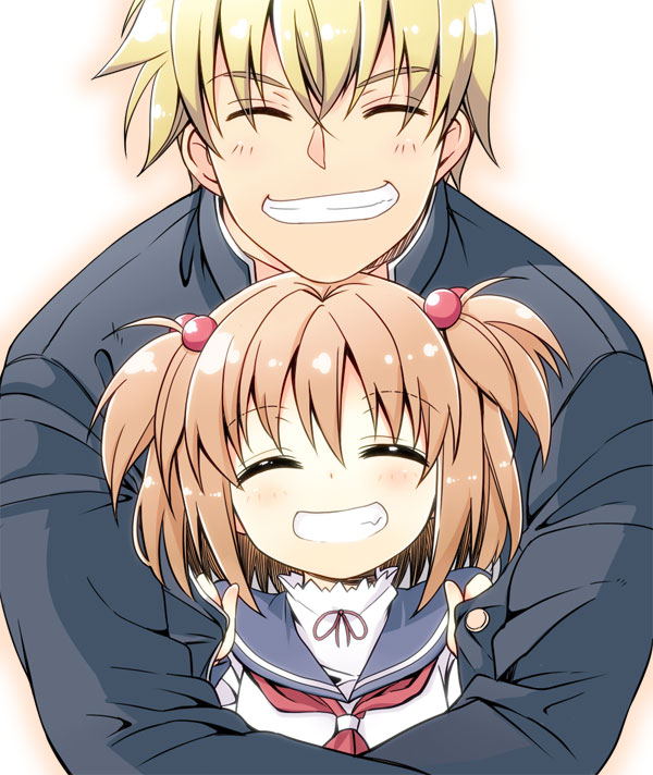 1boy, 1girl, blonde_hair, brown_hair, closed_eyes, grin, hair_bobbles, hair_ornament