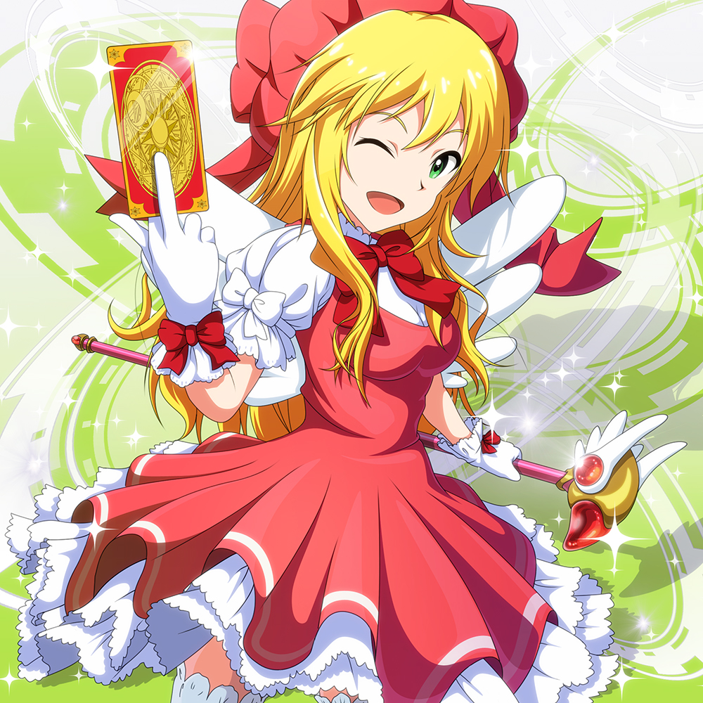 1girl, blonde_hair, cardcaptor_sakura, clow_card, cosplay, fuuin_no_tsue, gloves, green_eyes