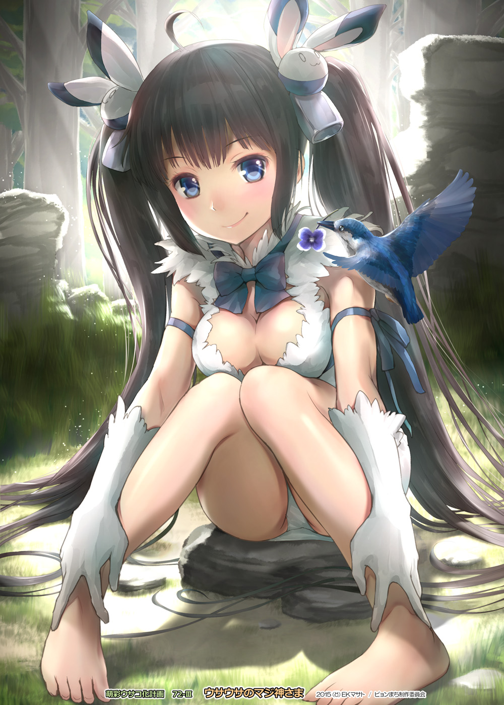 1girl, ahoge, animal_ears, barefoot, bird, black_hair, blue_eyes, breasts