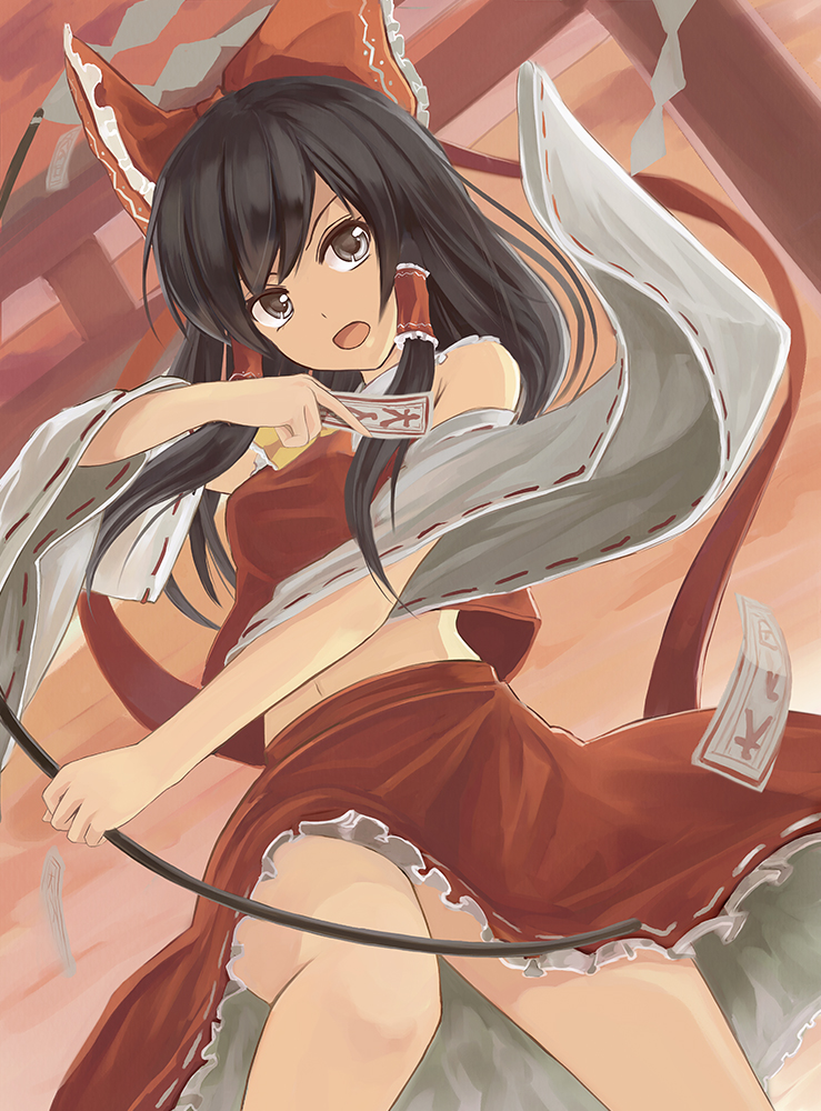 1girl, bare_shoulders, black_eyes, black_hair, bow, cowboy_shot, d:<, detached_sleeves