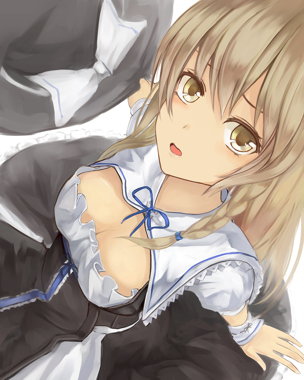 1girl, blonde_hair, blush, breasts, capelet, cleavage, cocked_eyebrow, dress