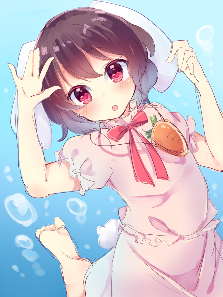 1girl, adapted_costume, alternate_costume, animal_ears, barefoot, blue_background, blush, bowtie