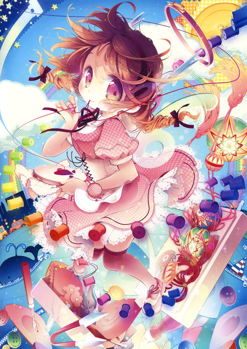 1girl, absurdres, blush, braid, brown_hair, buttons, clouds, corset