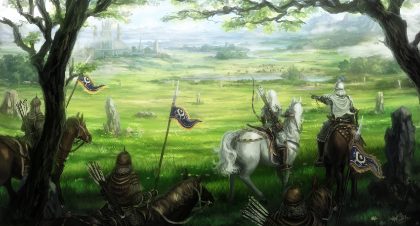 1girl, absurdres, armor, arrow, bow_(weapon), castle, fantasy, gauntlets, highres, horse, long_hair, makkou_4, meadow, multiple_people, original, pointing, polearm, scenery, spear, tree, weapon, white_hair, white_horse