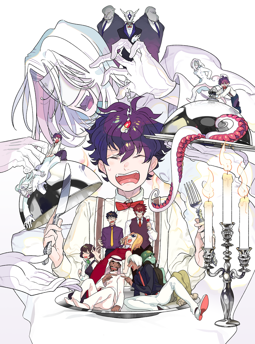 alcohol, black_hair, blonde_hair, brown_hair, candle, chain_sumeragi, eyepatch, fangs