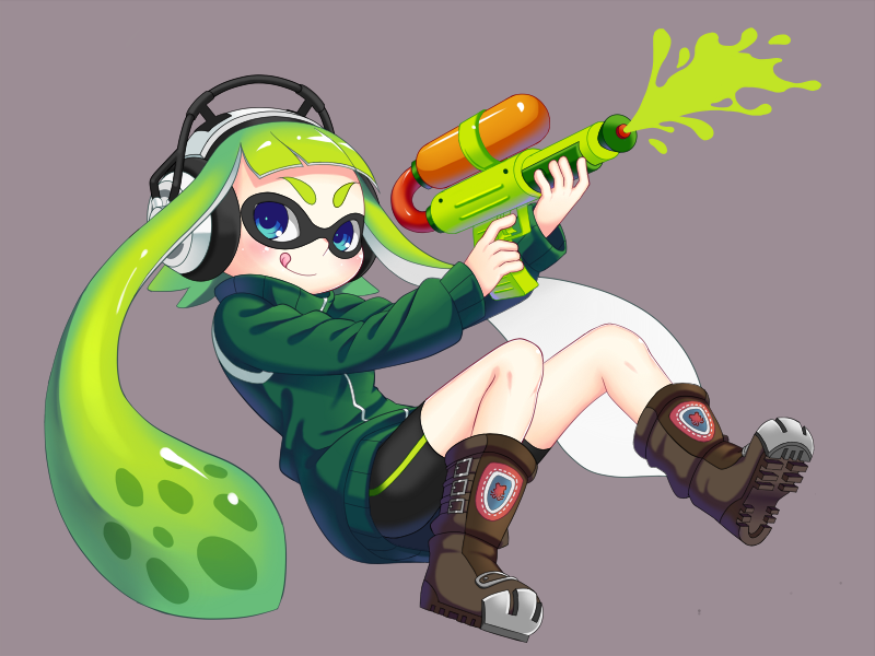 1girl, :p, animal_humanoid, ankle_boots, anthro, artist_request, bike_shorts, blue_eyes, boots, cephalopod, cephalopod_humanoid, full_body, green_hair, grey_background, headphones, humanoid, inkling, inkling_girl, long_sleeves, mask_(marking), mizuho_(splatoon), nintendo, pointy_ears, pseudo_hair, simple_background, smile, solo, splatoon, splatoon_(series), squid, sweater, tentacle, tentacle_hair, tongue, tongue_out