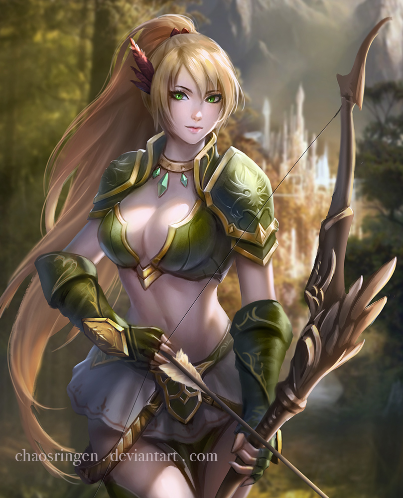 1girl, armor, arrow, bikini_armor, blonde_hair, bow_(weapon), breasts, chaosringen