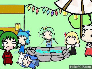 1boy, 5girls, alternate_costume, amewara_noriko, animated, animated_gif, chibi, cirno