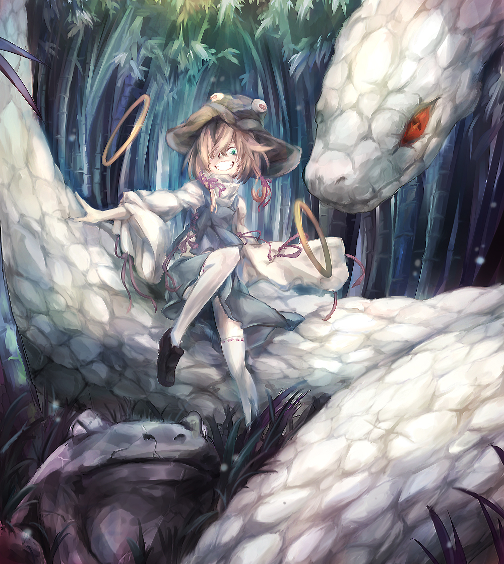 1girl, black_shoes, blonde_hair, blue_eyes, chong_(wjzcy6688), dress, frog, grin, hair_over_one_eye, hair_ribbon, hat, looking_at_viewer, mishaguji, moriya's_iron_rings, moriya_suwako, revision, ribbon, ribbon-trimmed_legwear, ribbon_trim, shoes, short_hair, sitting, smile, snake, solo, thigh-highs, touhou, tress_ribbon, turtleneck, white_legwear, white_snake, wide_sleeves
