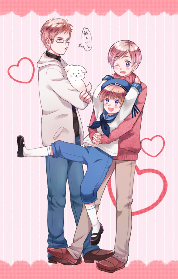 3boys, axis_powers_hetalia, blonde_hair, blue_eyes, blush, dog, family, finland_(hetalia)