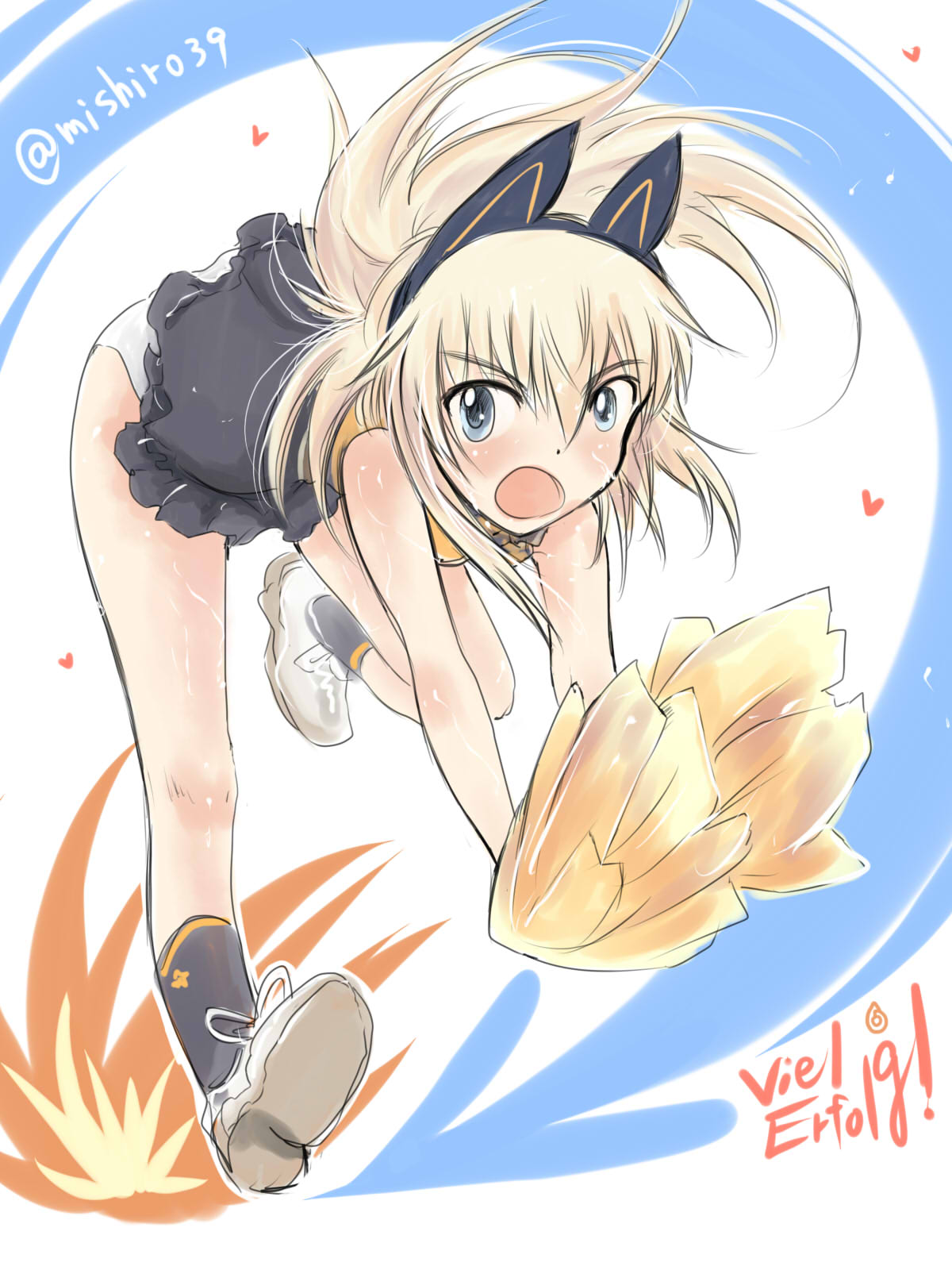1girl, animal_ear_bow, animal_ears, bent_over, blonde_hair, blue_eyes, blush, bow, cheerleader, heart, helma_lennartz, highres, long_hair, looking_at_viewer, mishiro_shinza, open_mouth, panties, pom_poms, skirt, solo, strike_witches, underwear, white_panties